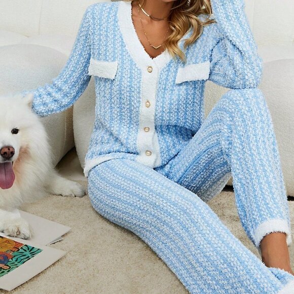 Blue and White Casual Womens Contrast Trim Cardigan & Knit Pants - Picture 2 of 5